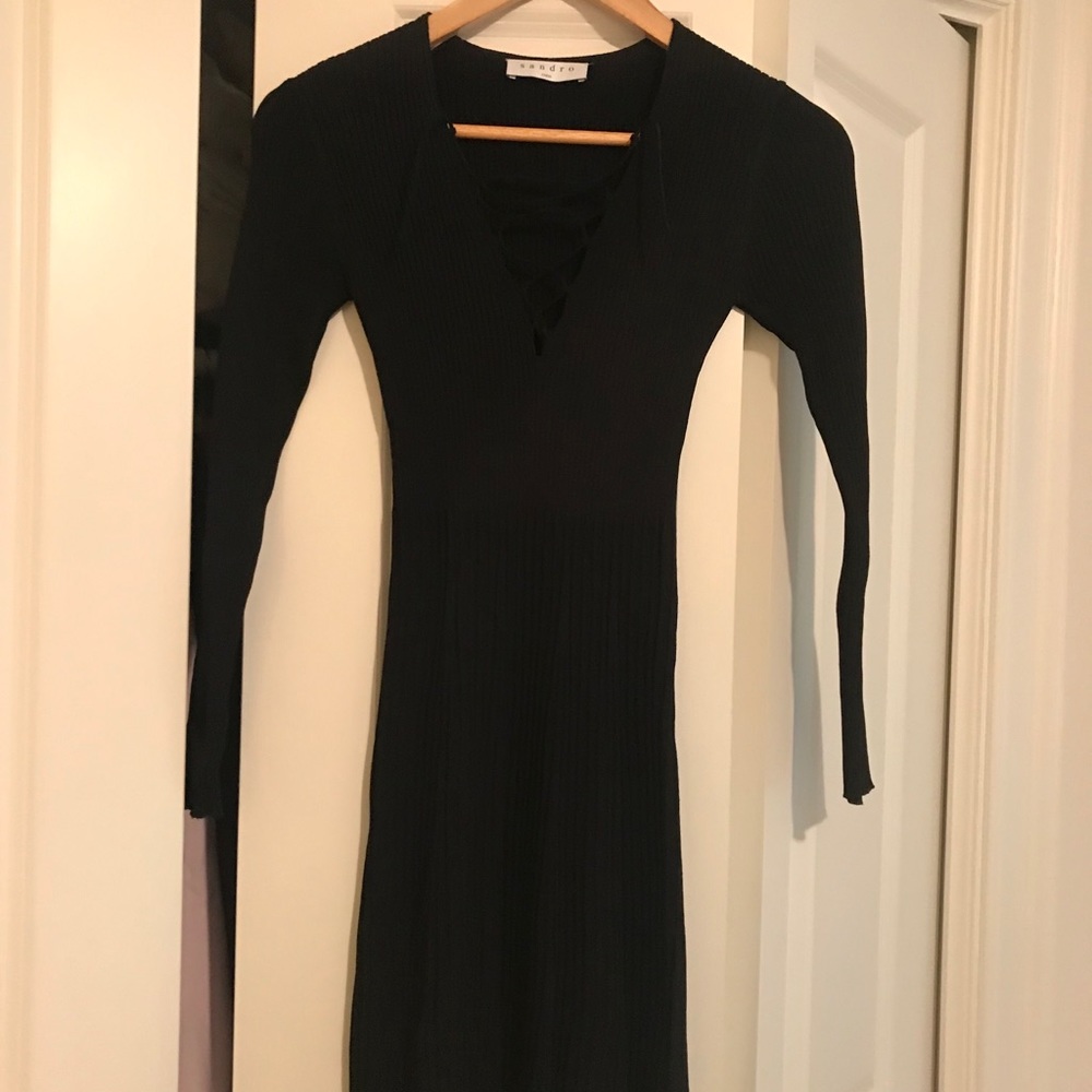 Sandro Lace-up ribbed stretch-knit mini dress